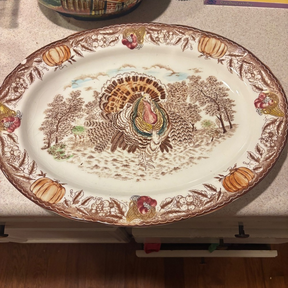 Vintage Turkey Thanksgiving Oval Serving Platter Pumpkin Cornucopia Scallop Rim